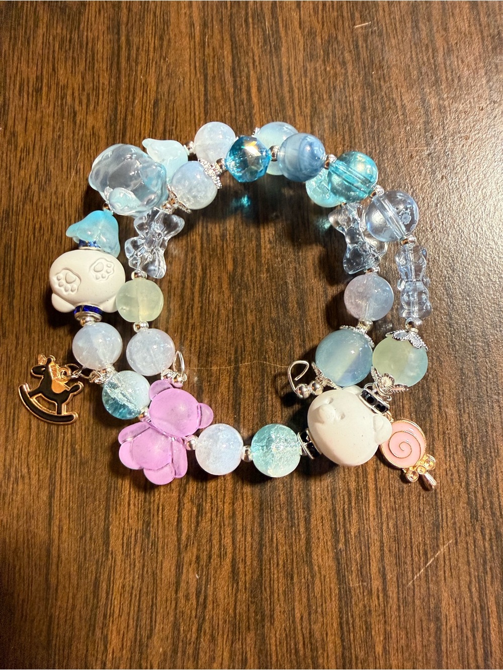 Handmade Pastel Blue & Pink Beaded Charm Bracelet